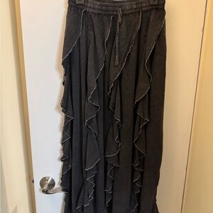Black Ruffled Maxi Skirt with Drawstring Waist